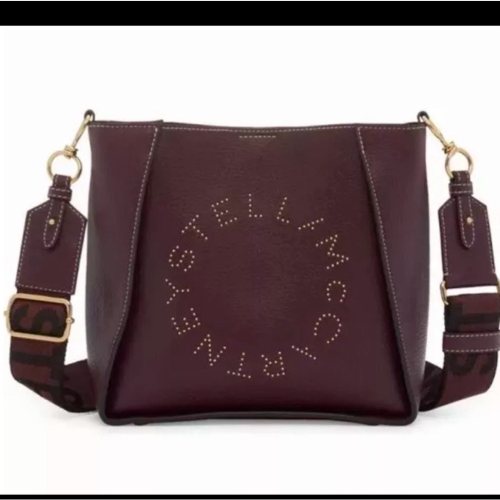 Stella McCartney mini crossbody logo studded bag. Burgundy